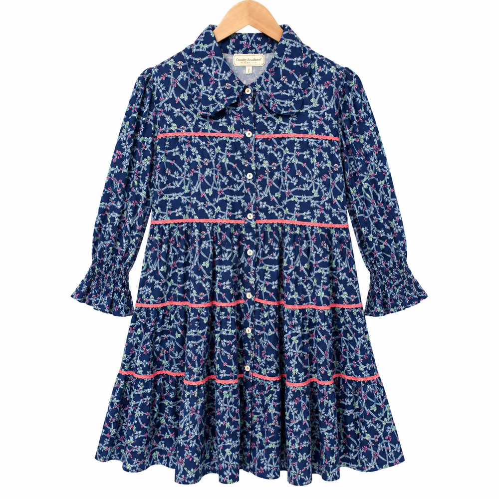 Simply Southern Shirt Dress Womens L Blue Floral Tiered Collared Boho Lined NWT